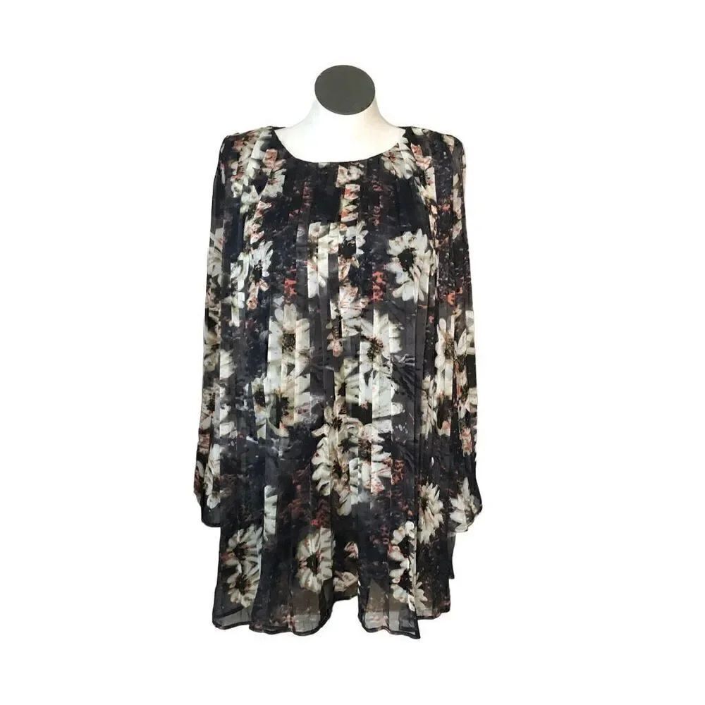 Love Riche Dress Womens M Black Pleated Floral Long Sleeve Lined Whimsigoth